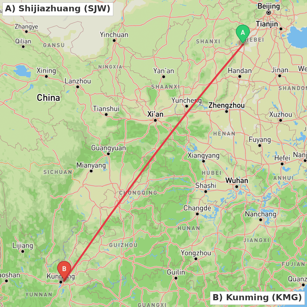 Flight route map from Shijiazhuang to Kunming