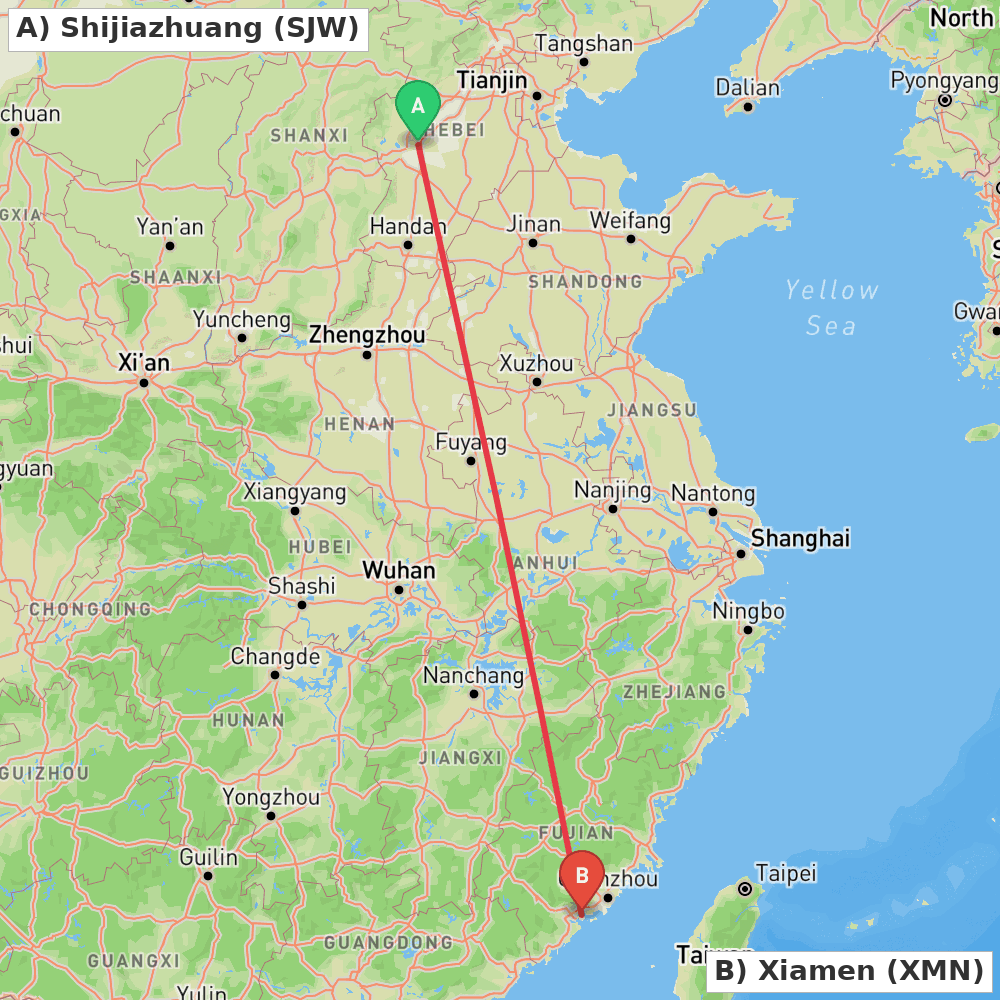 Flight route map from Shijiazhuang to Xiamen