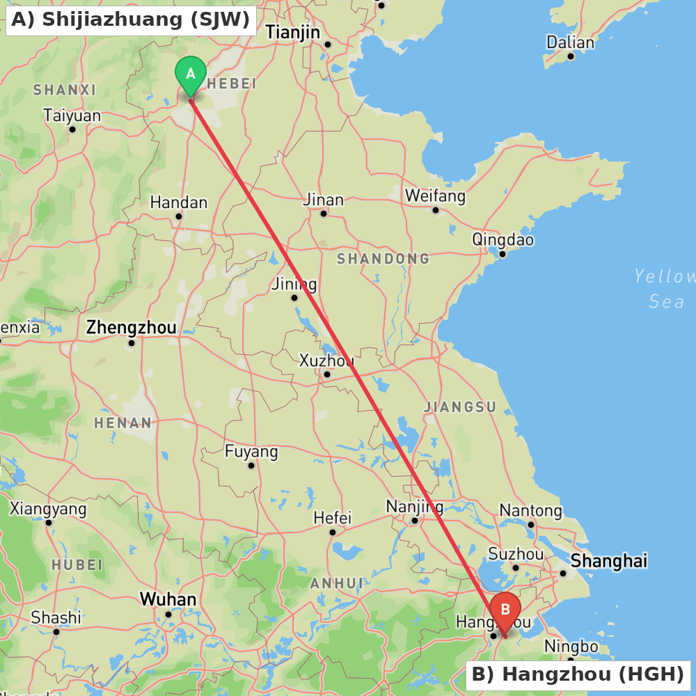 Flight route map from Shijiazhuang to Hangzhou