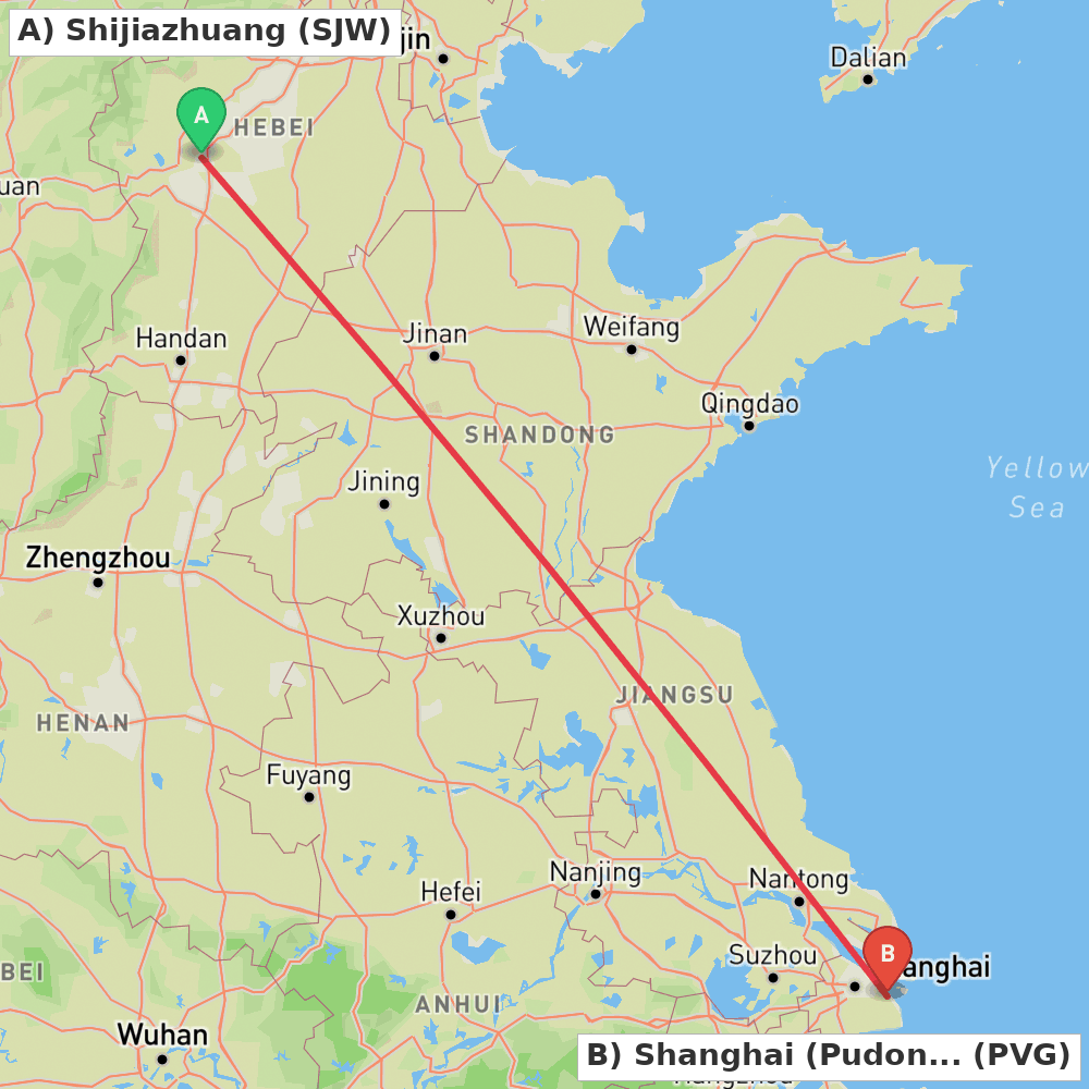 Flight route map from Shijiazhuang to Shanghai (Pudong)
