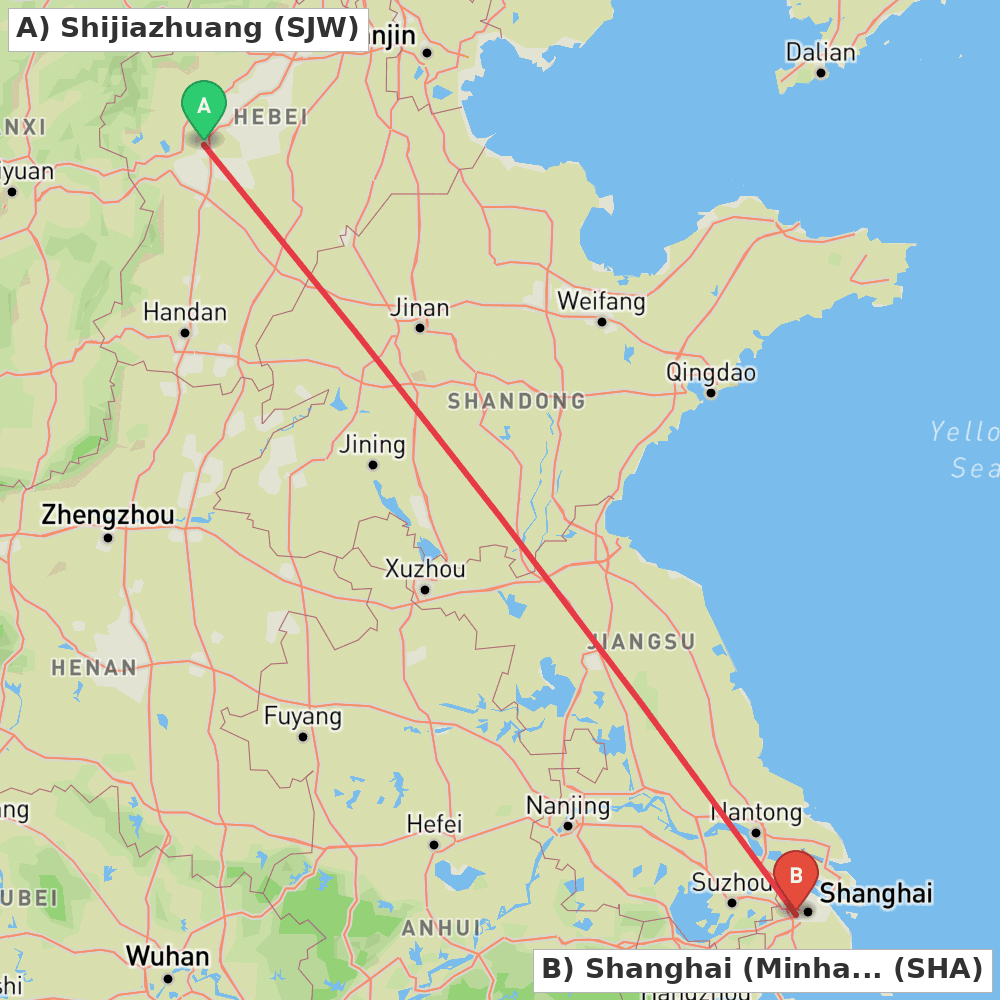 Flight route map from Shijiazhuang to Shanghai (Minhang)