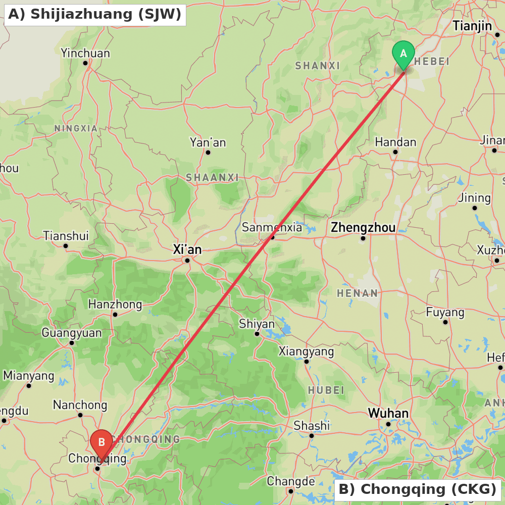 Flight route map from Shijiazhuang to Chongqing