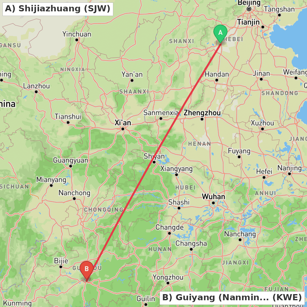 Flight route map from Shijiazhuang to Guiyang (Nanming)
