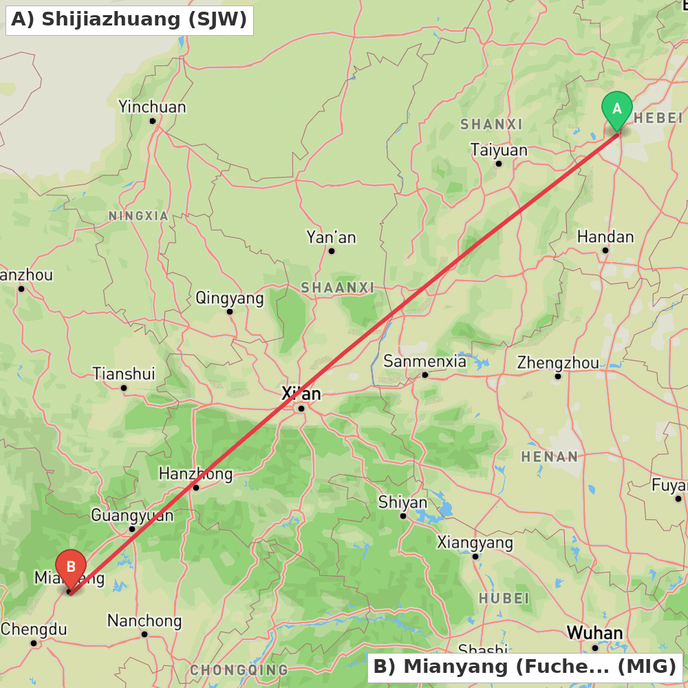 Flight route map from Shijiazhuang to Mianyang (Fucheng)