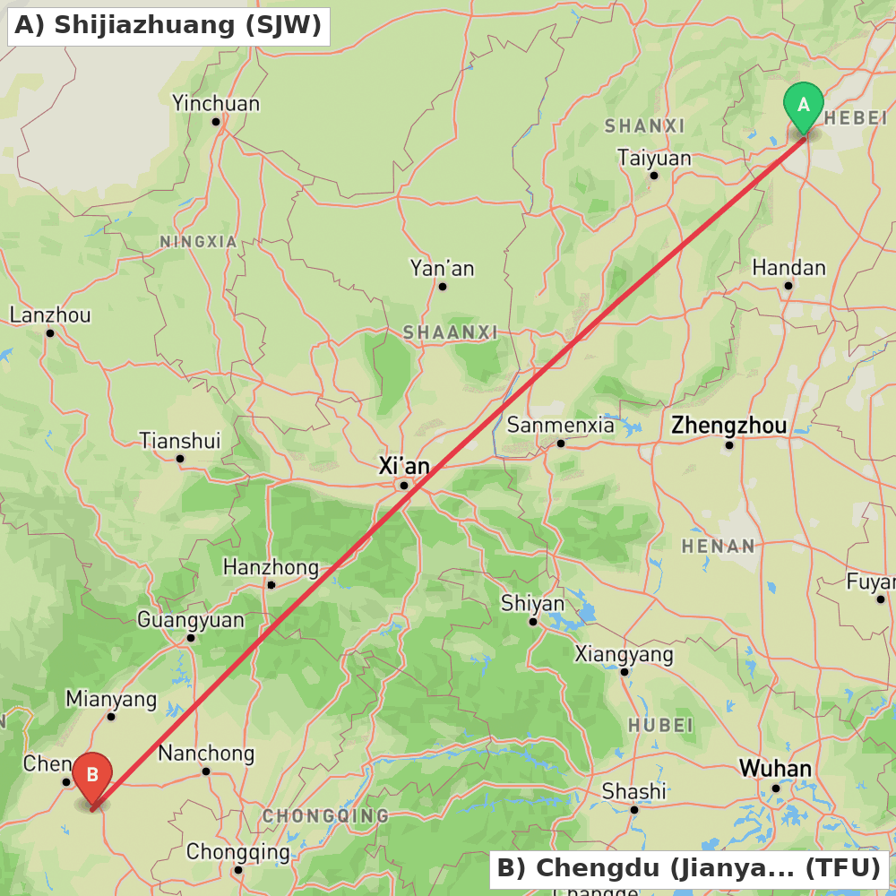Flight route map from Shijiazhuang to Chengdu (Jianyang)