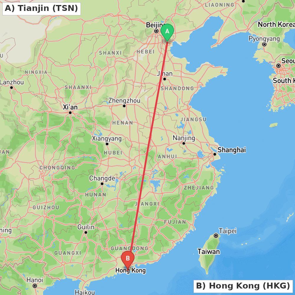 Flight route map from Tianjin to Hong Kong