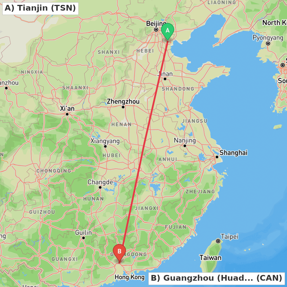 Flight route map from Tianjin to Guangzhou (Huadu)