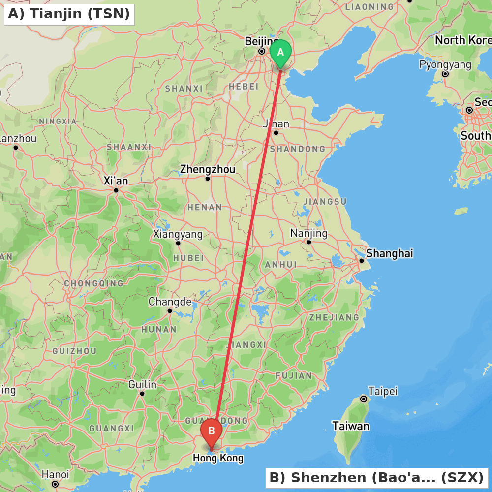 Flight route map from Tianjin to Shenzhen (Bao'an)