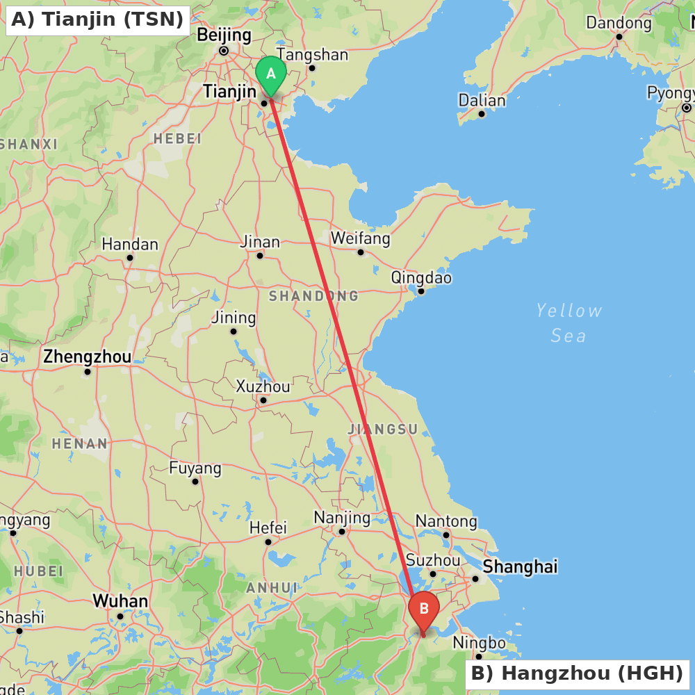 Flight route map from Tianjin to Hangzhou