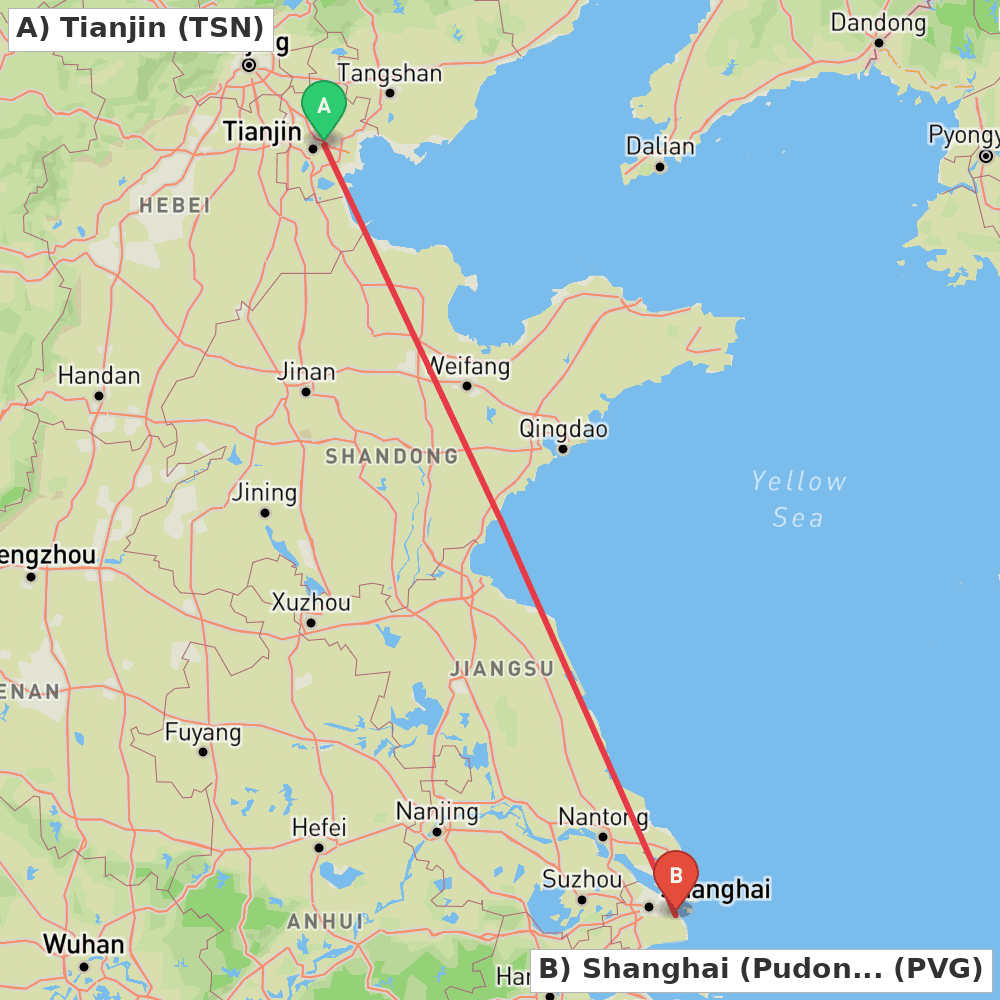 Flight route map from Tianjin to Shanghai (Pudong)