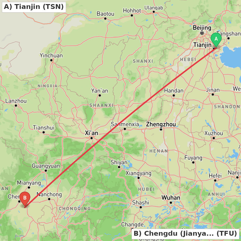 Flight route map from Tianjin to Chengdu (Jianyang)