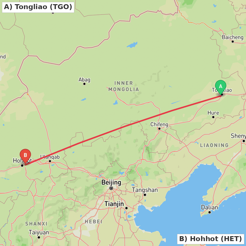 Flight route map from Tongliao to Hohhot
