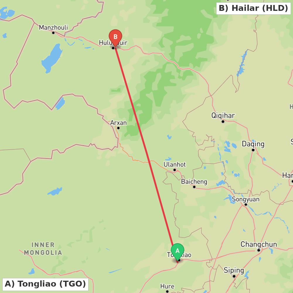 Flight route map from Tongliao to Hailar