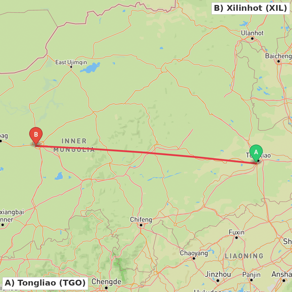 Flight route map from Tongliao to Xilinhot