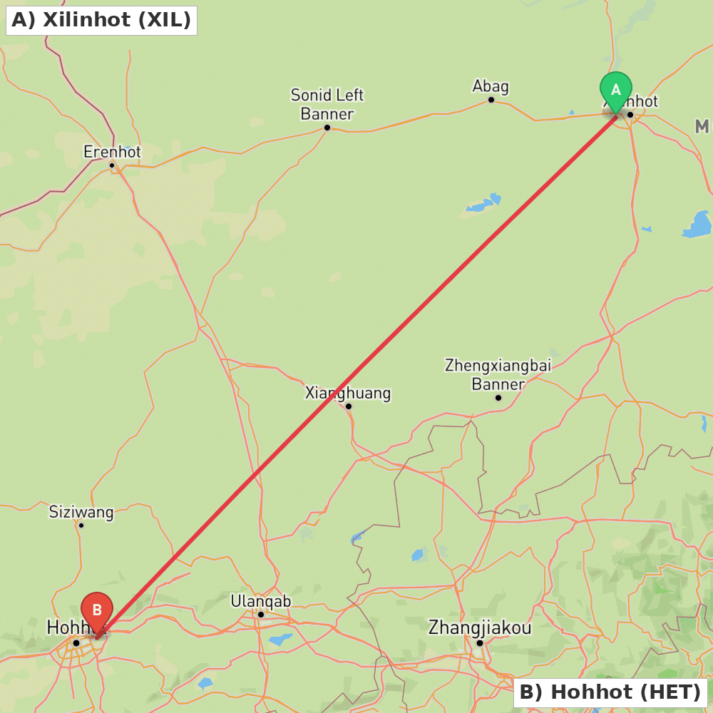 Flight route map from Xilinhot to Hohhot