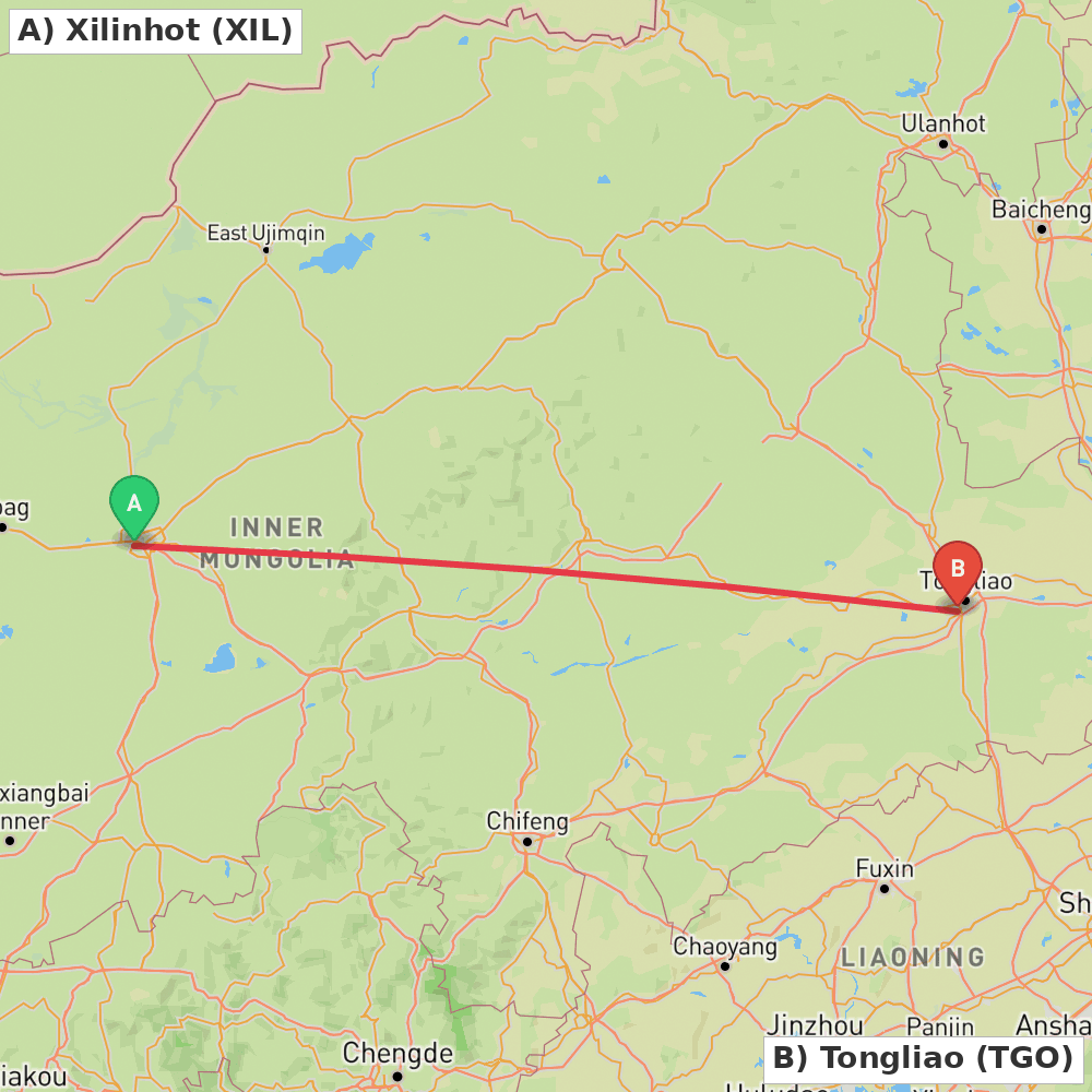 Flight route map from Xilinhot to Tongliao
