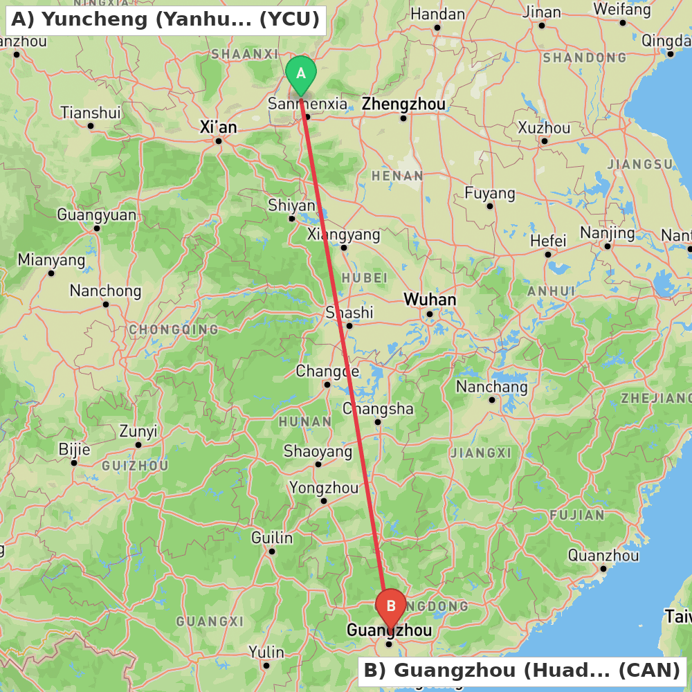 Flight route map from Yuncheng (Yanhu) to Guangzhou (Huadu)