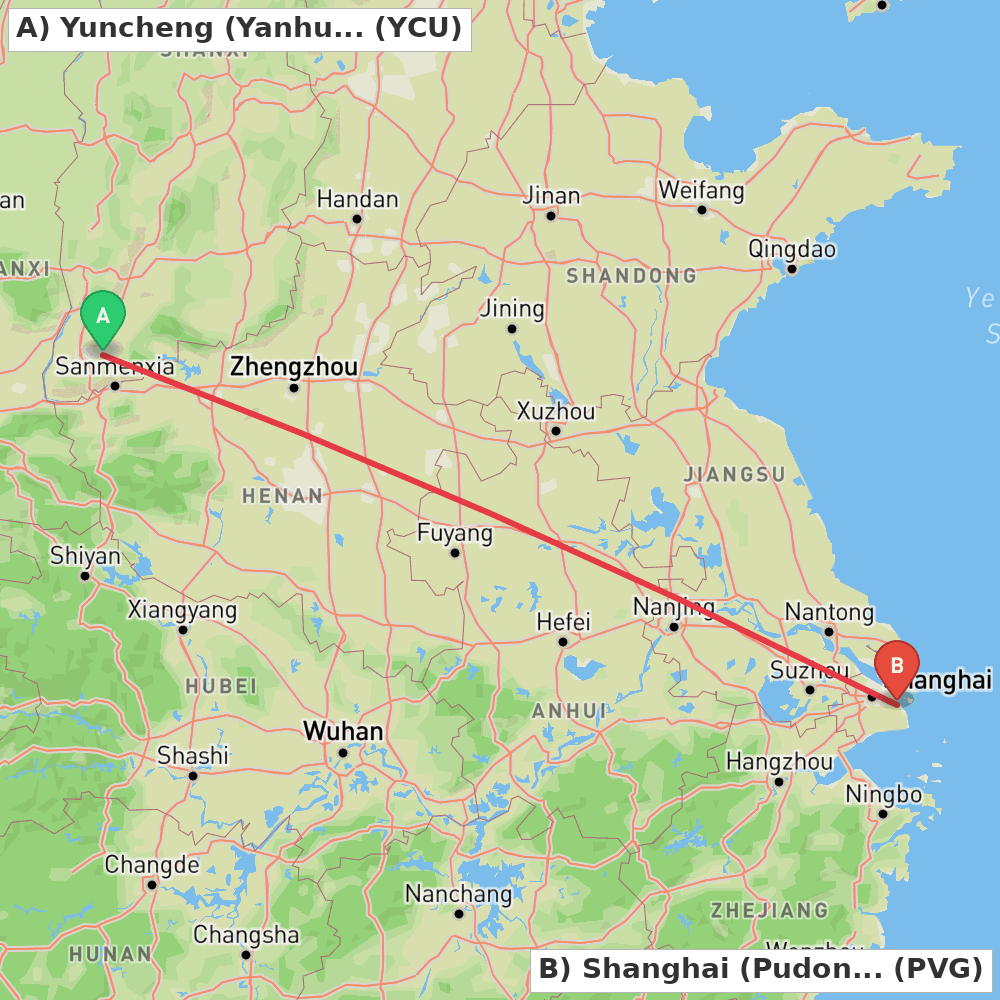 Flight route map from Yuncheng (Yanhu) to Shanghai (Pudong)