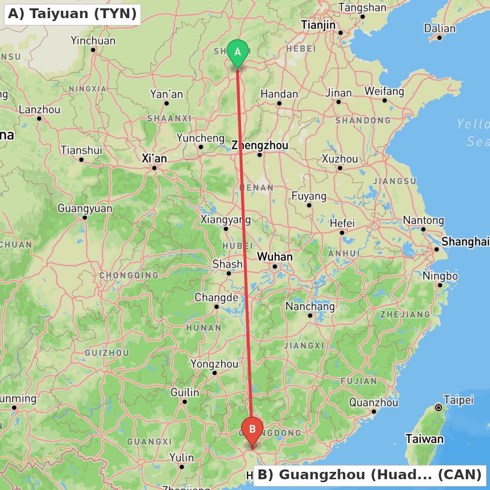 Flight route map from Taiyuan to Guangzhou (Huadu)
