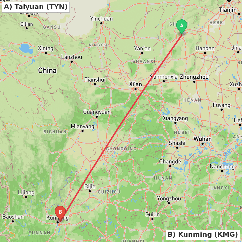 Flight route map from Taiyuan to Kunming