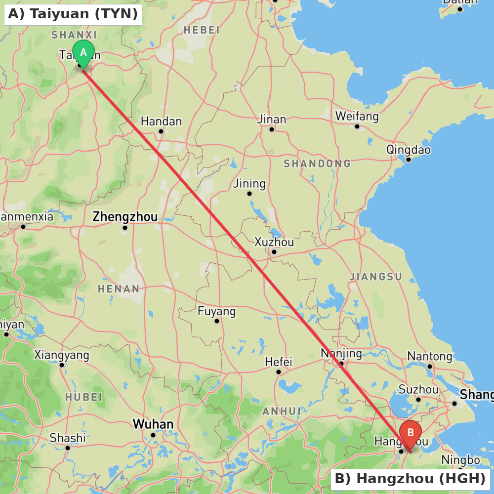 Flight route map from Taiyuan to Hangzhou