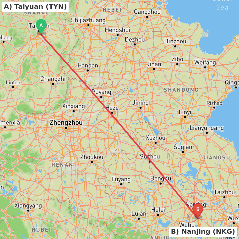 Flight route map from Taiyuan to Nanjing