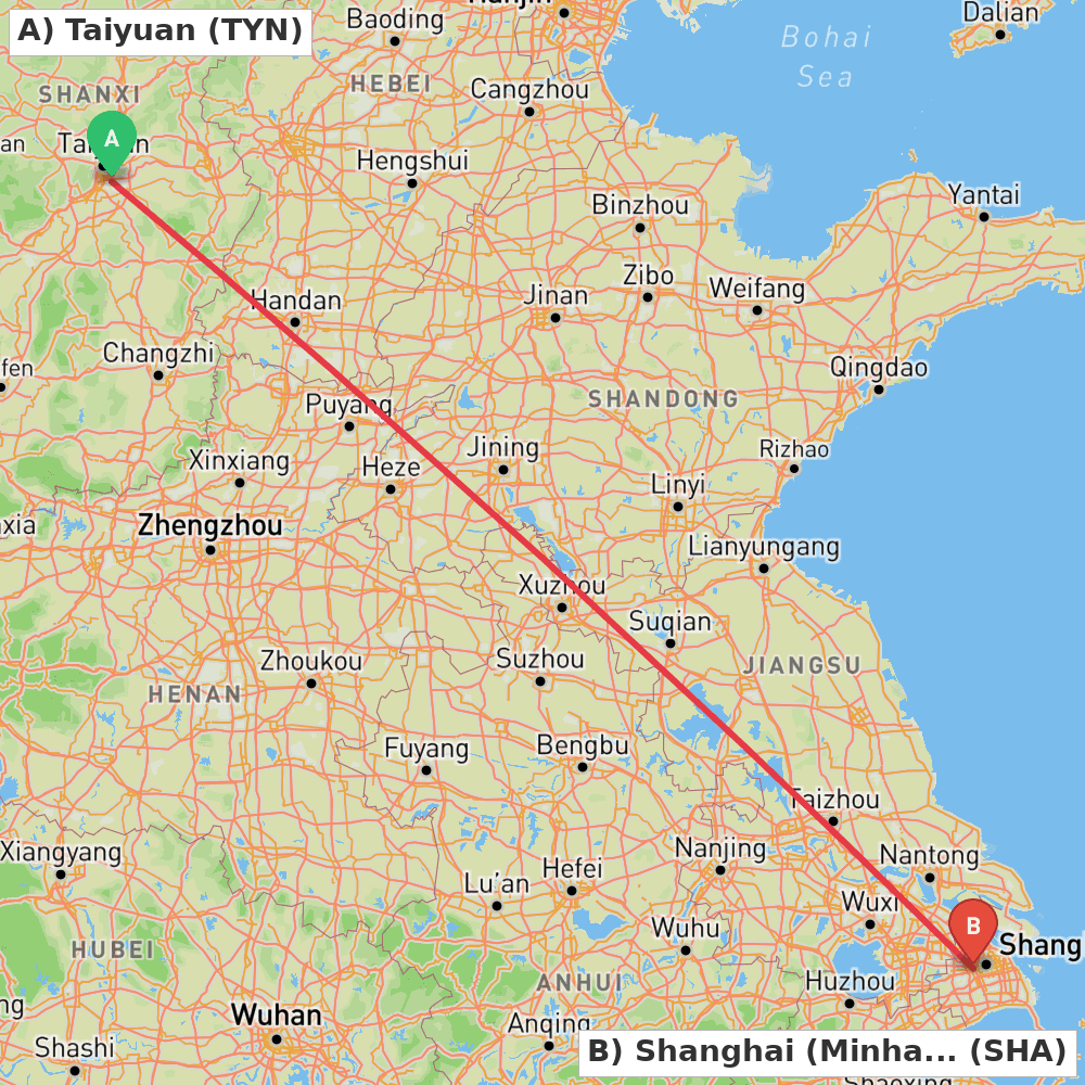 Flight route map from Taiyuan to Shanghai (Minhang)