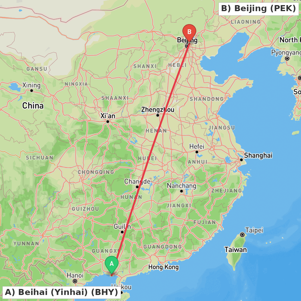 Flight route map from Beihai (Yinhai) to Beijing