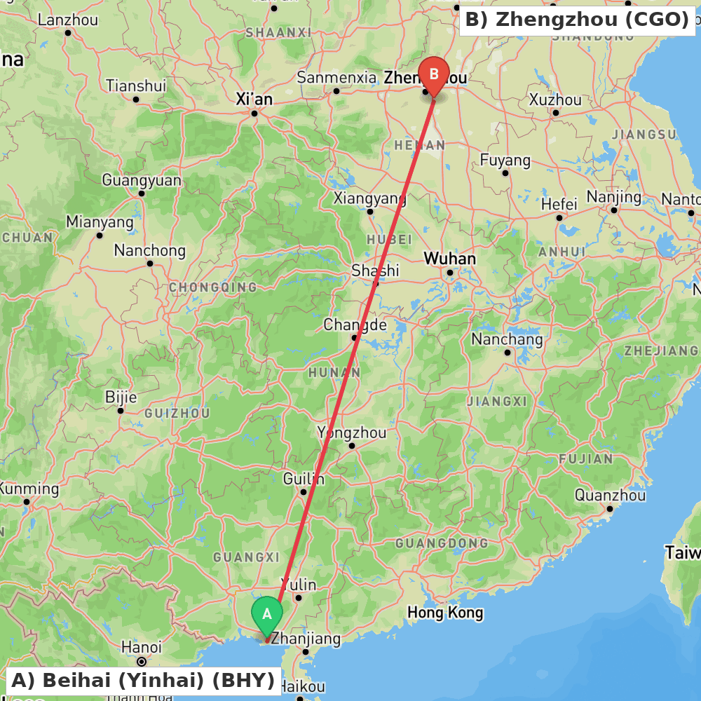 Flight route map from Beihai (Yinhai) to Zhengzhou