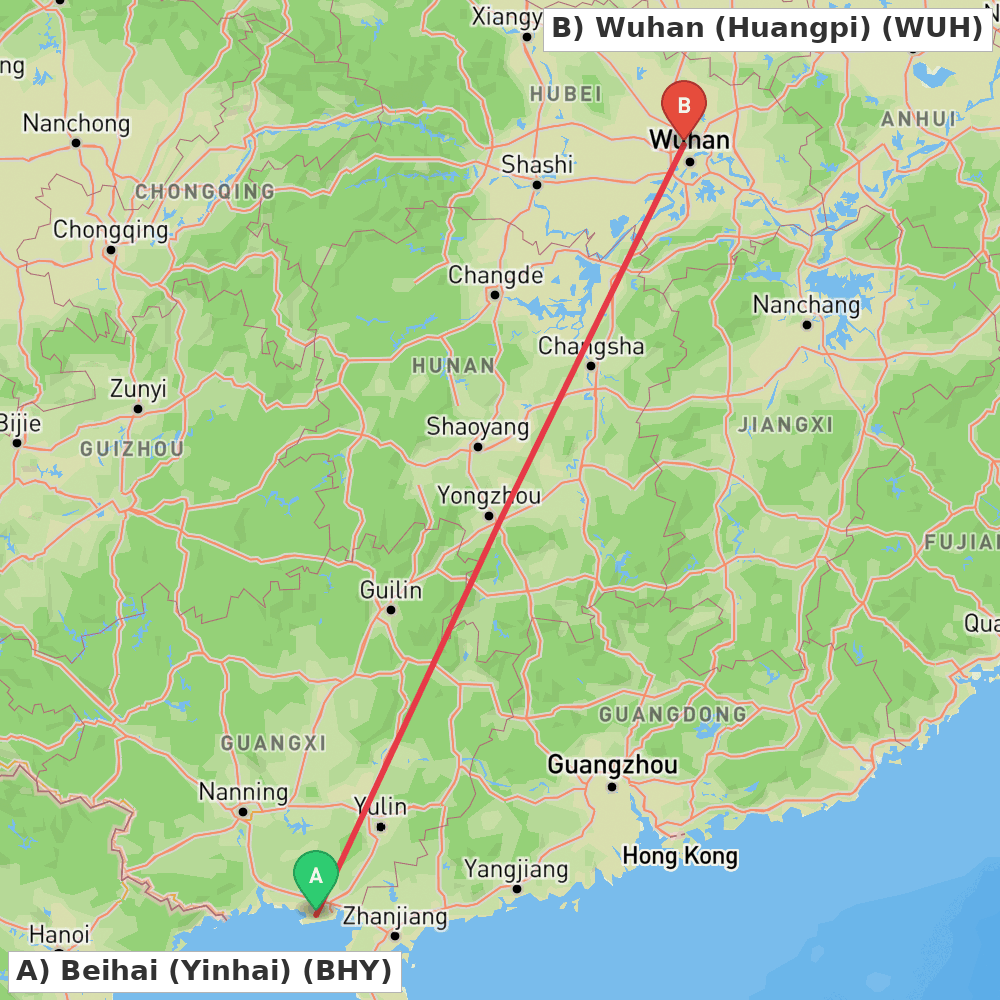 Flight route map from Beihai (Yinhai) to Wuhan (Huangpi)