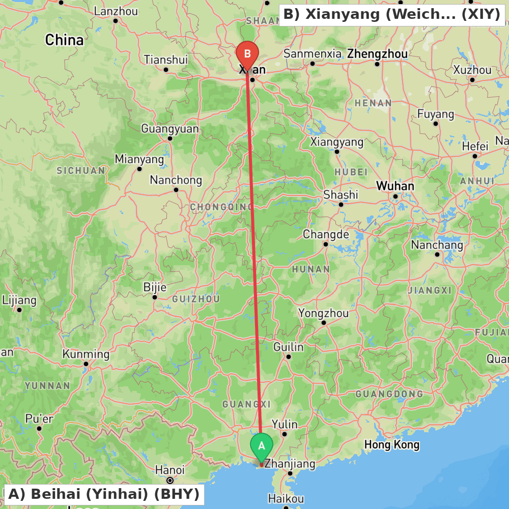 Flight route map from Beihai (Yinhai) to Xianyang (Weicheng)