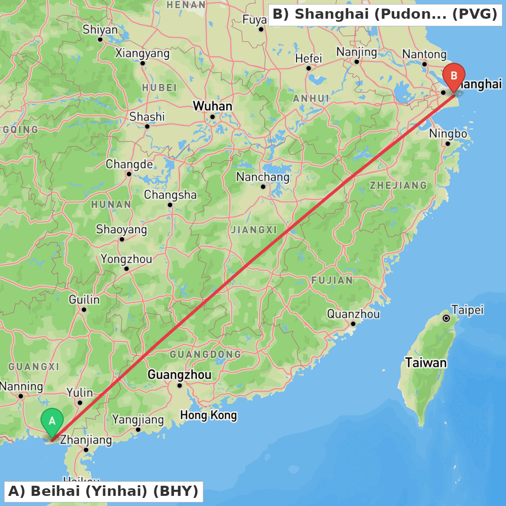 Flight route map from Beihai (Yinhai) to Shanghai (Pudong)