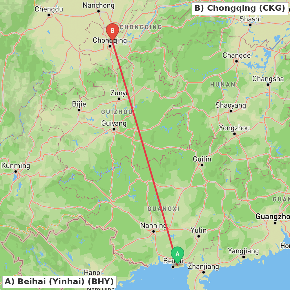 Flight route map from Beihai (Yinhai) to Chongqing