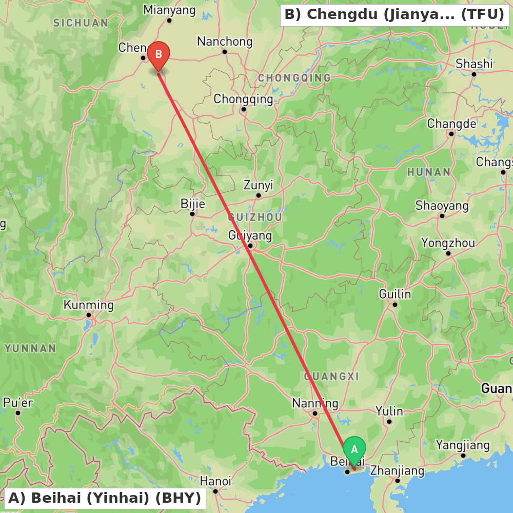 Flight route map from Beihai (Yinhai) to Chengdu (Jianyang)