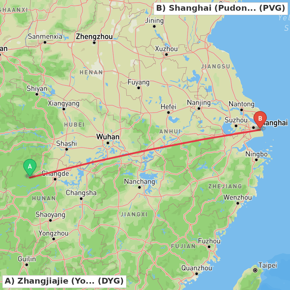 Flight route map from Zhangjiajie (Yongding) to Shanghai (Pudong)