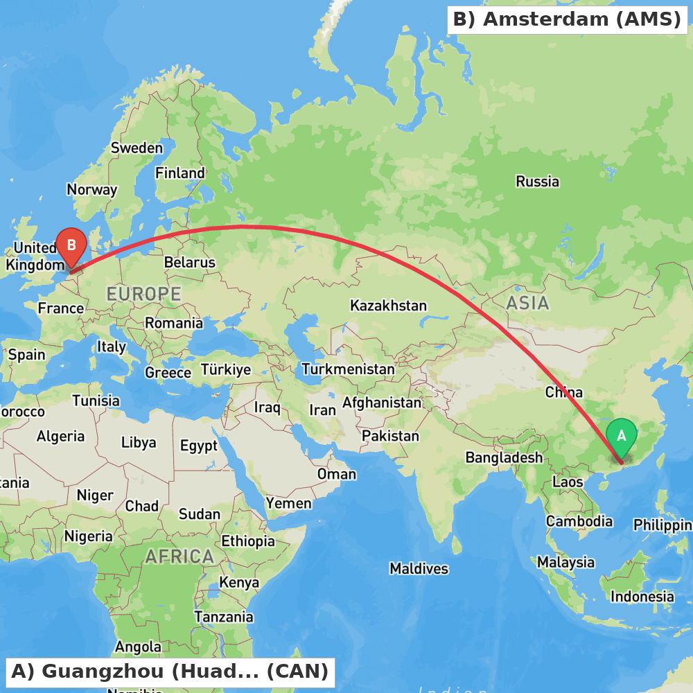 Flight route map from Guangzhou (Huadu) to Amsterdam