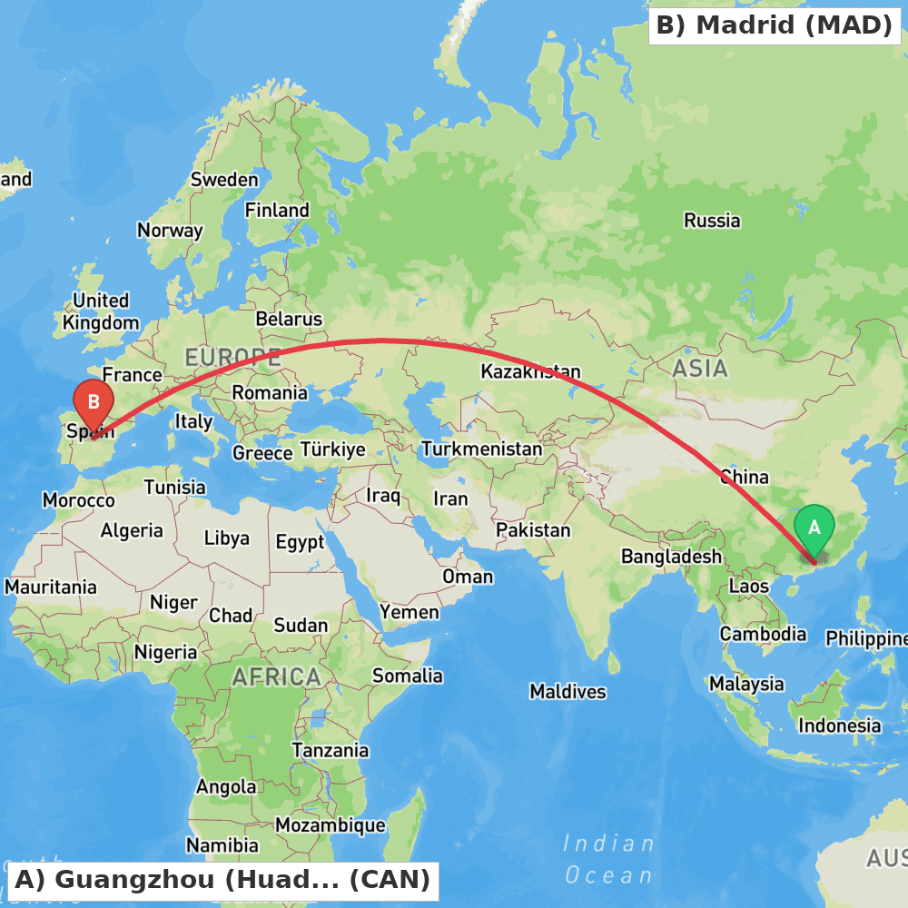 Flight route map from Guangzhou (Huadu) to Madrid