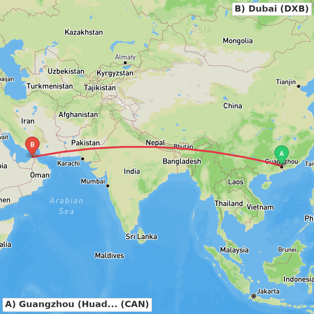 Flight route map from Guangzhou (Huadu) to Dubai
