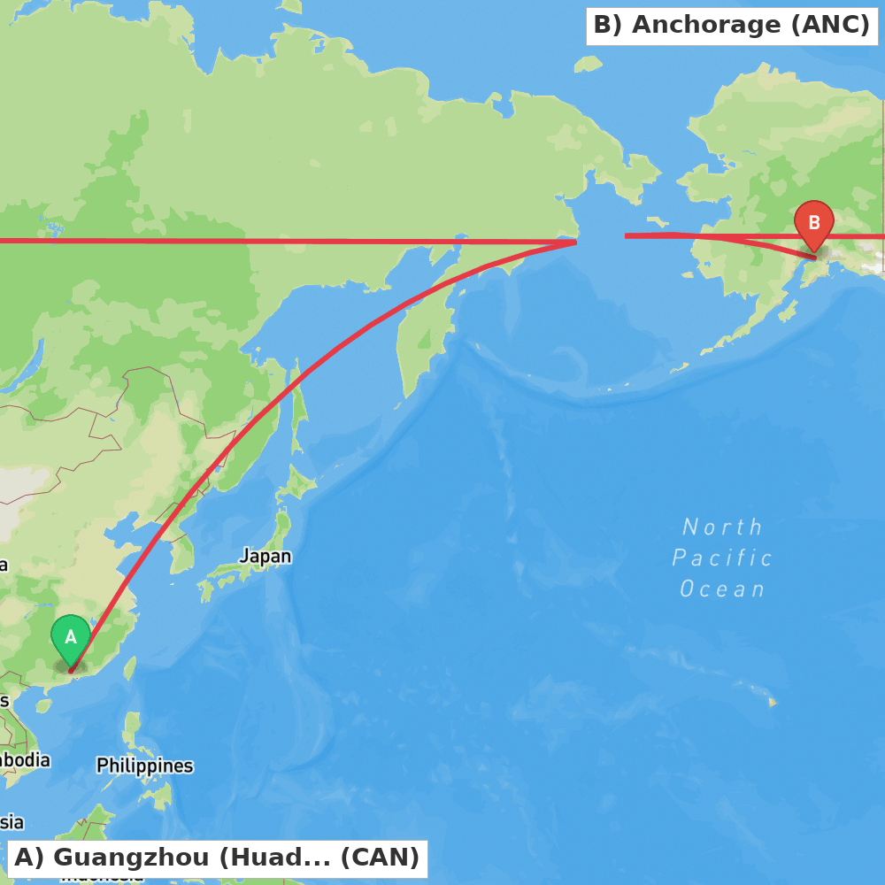 Flight route map from Guangzhou (Huadu) to Anchorage