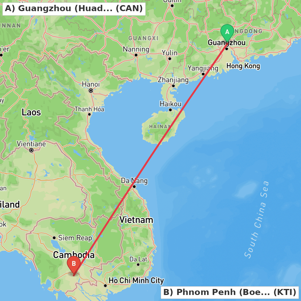Flight route map from Guangzhou (Huadu) to Phnom Penh (Boeng Khyang)