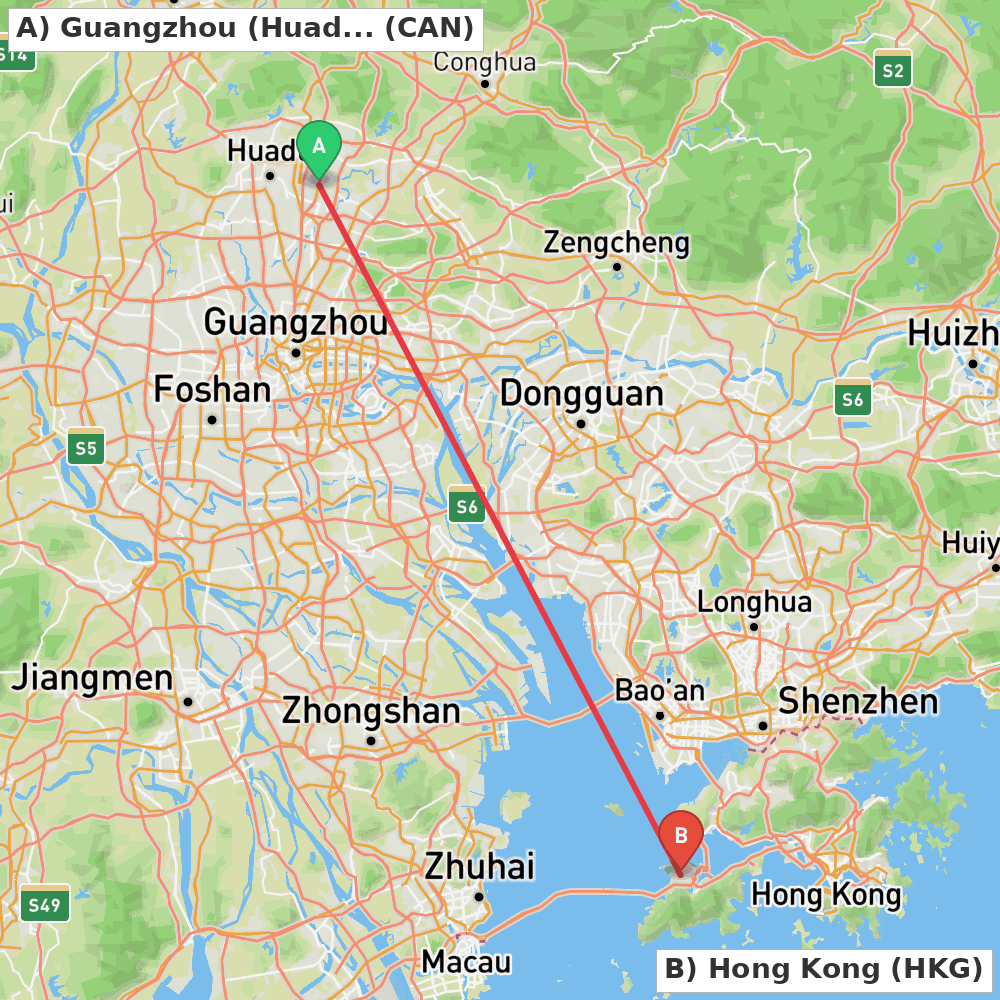 Flight route map from Guangzhou (Huadu) to Hong Kong