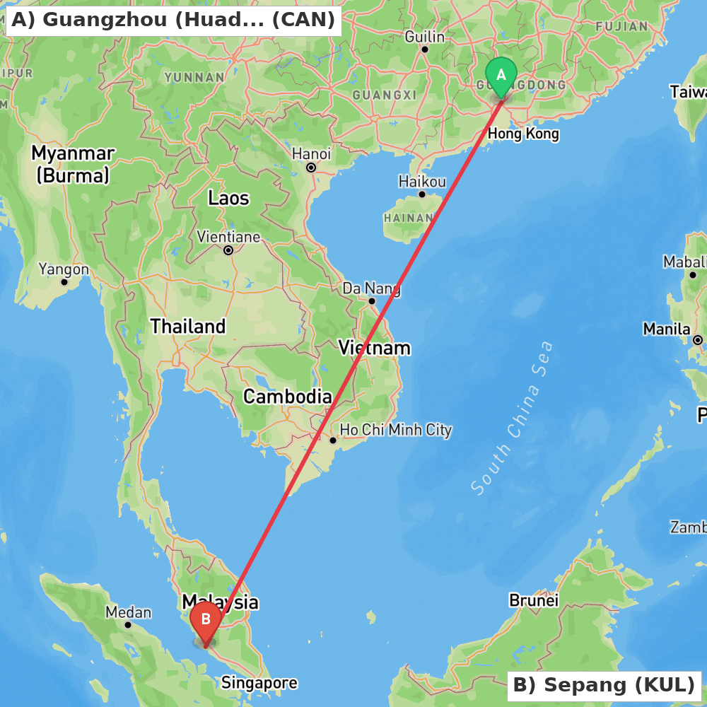 Flight route map from Guangzhou (Huadu) to Sepang