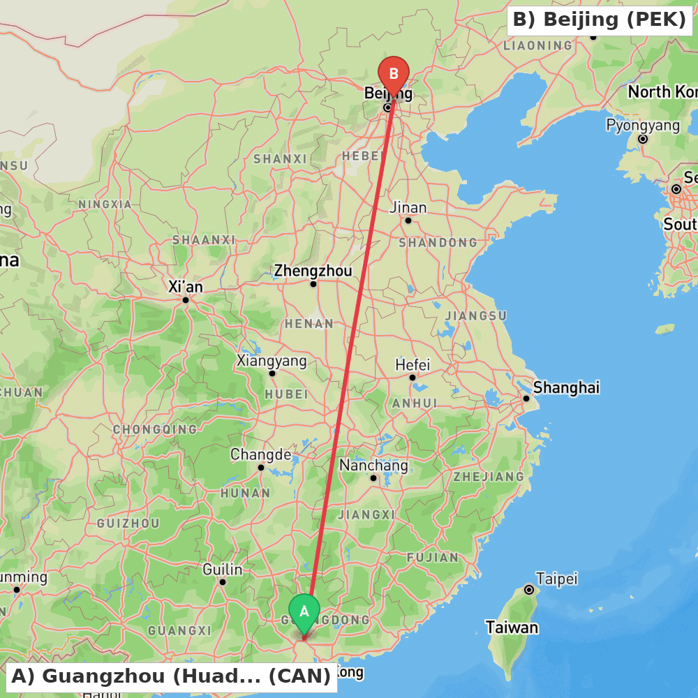 Flight route map from Guangzhou (Huadu) to Beijing
