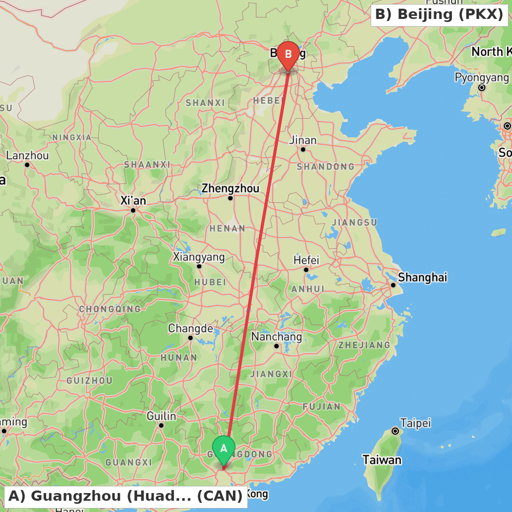 Flight route map from Guangzhou (Huadu) to Beijing