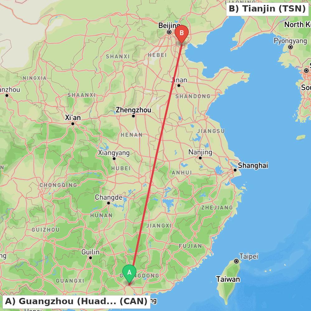 Flight route map from Guangzhou (Huadu) to Tianjin