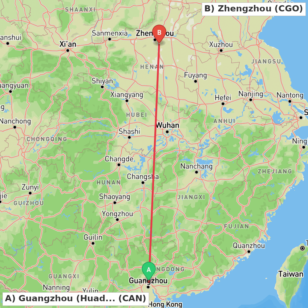 Flight route map from Guangzhou (Huadu) to Zhengzhou