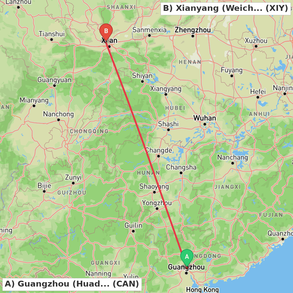 Flight route map from Guangzhou (Huadu) to Xianyang (Weicheng)