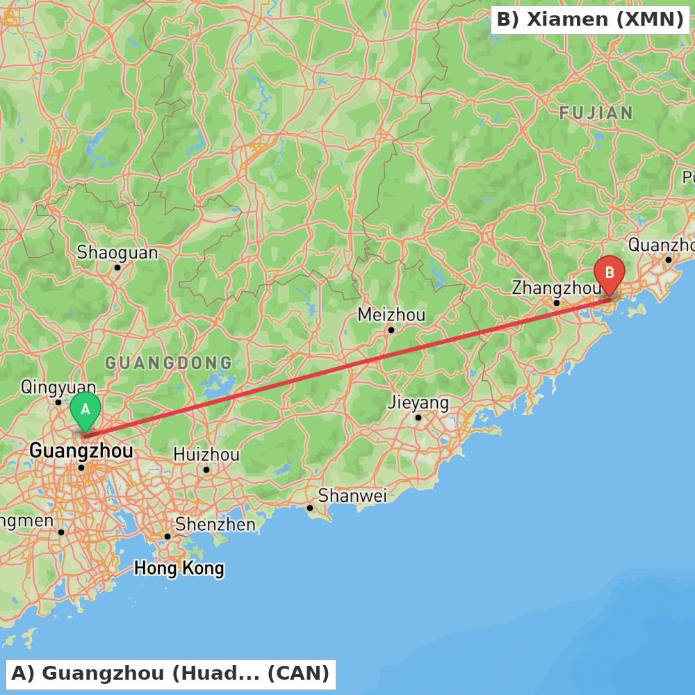 Flight route map from Guangzhou (Huadu) to Xiamen