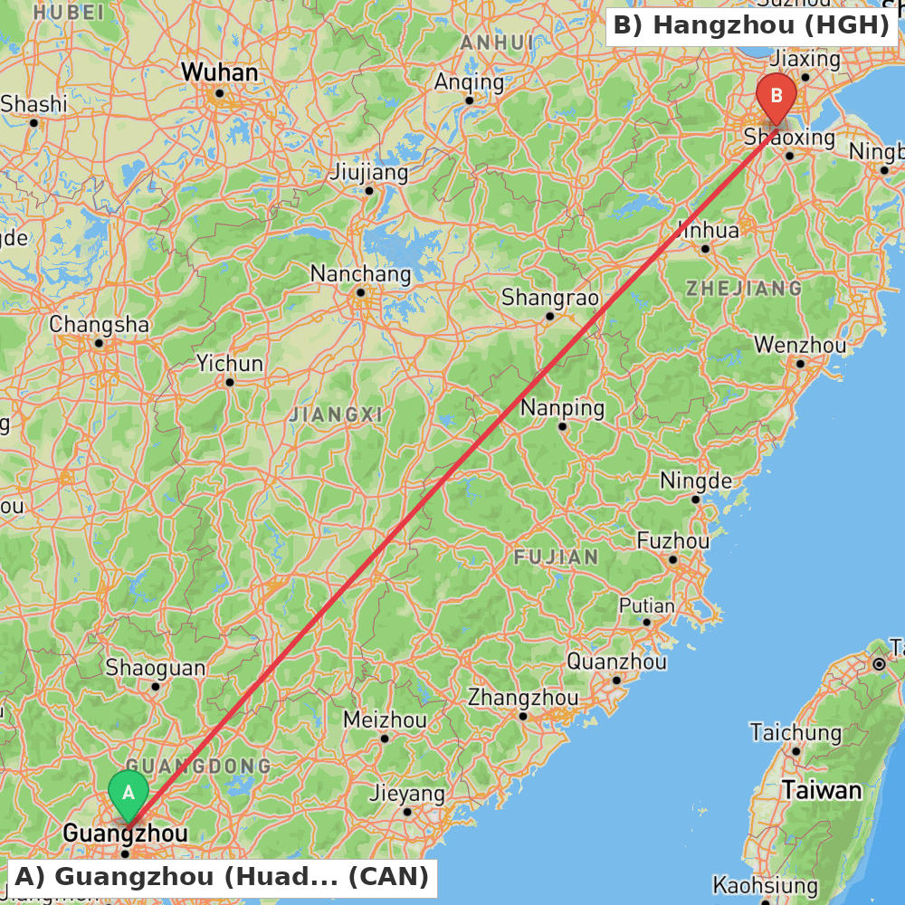 Flight route map from Guangzhou (Huadu) to Hangzhou