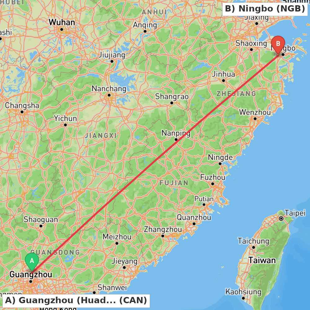 Flight route map from Guangzhou (Huadu) to Ningbo